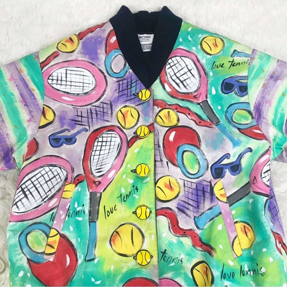 VINTAGE Hand Painted Bomber Jacket Tennis Wearable Art Artsy 80s 90s Size Small - Picture 6 of 15